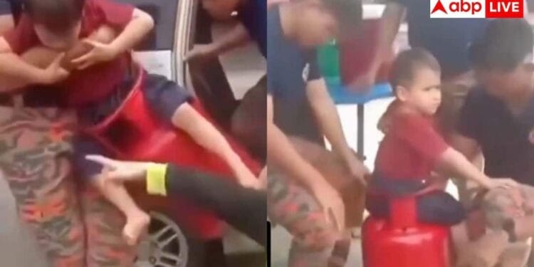 सिलेंडर के बीच बच्चे ने खुद को ऐसा फंसाया कि लेने के देने पड़ गए, यूजर्स बोले- ये कुछ करके माने