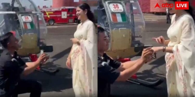 आर्मी कैप्टन ने हेलीकॉप्टर के सामने घुटने पर बैठ किया गर्लफ्रेंड को प्रपोज, दिल जीत लेगा वीडियो